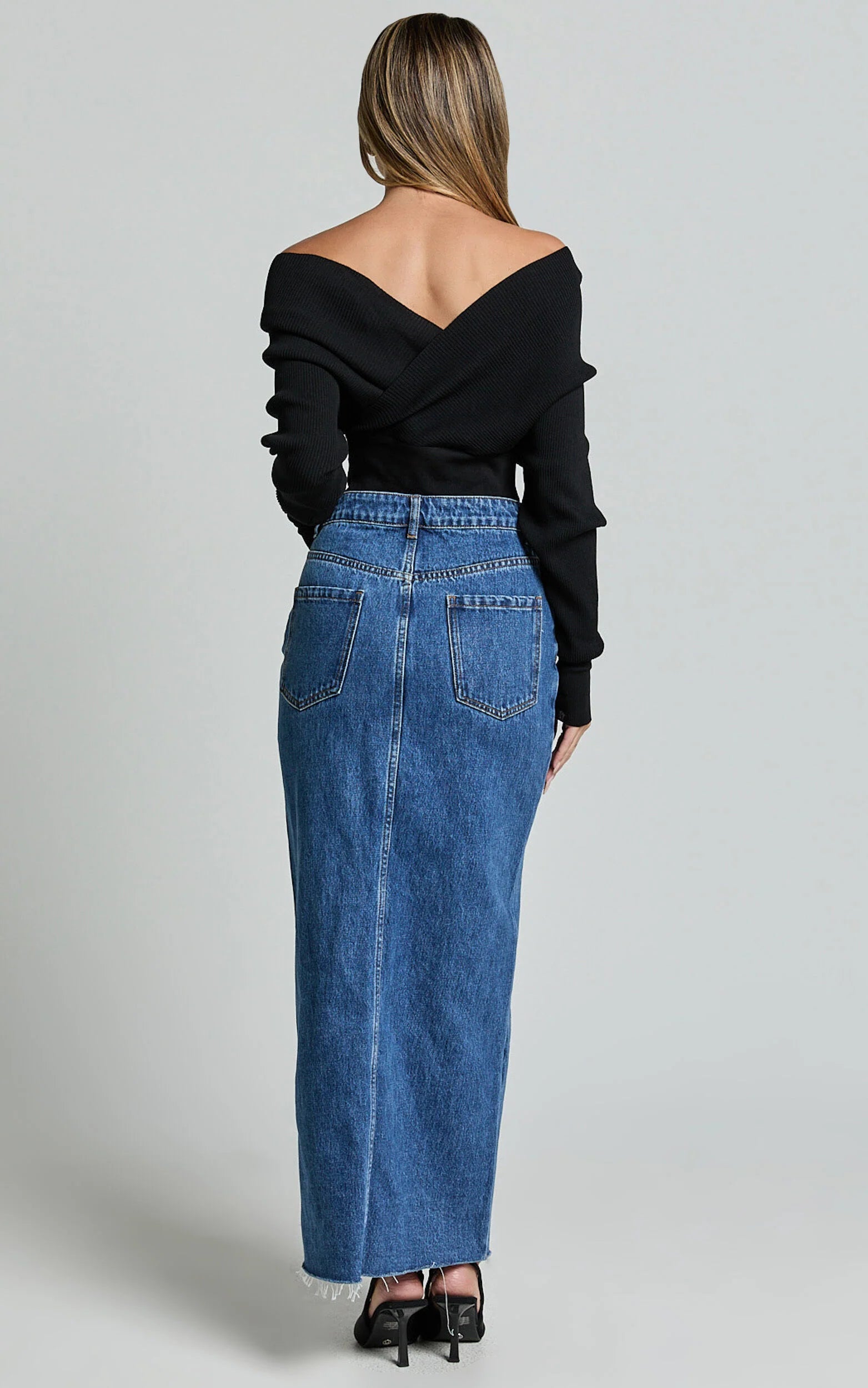 Kira Midi Skirt - Front Split Denim Skirt in Dark Blue Wash