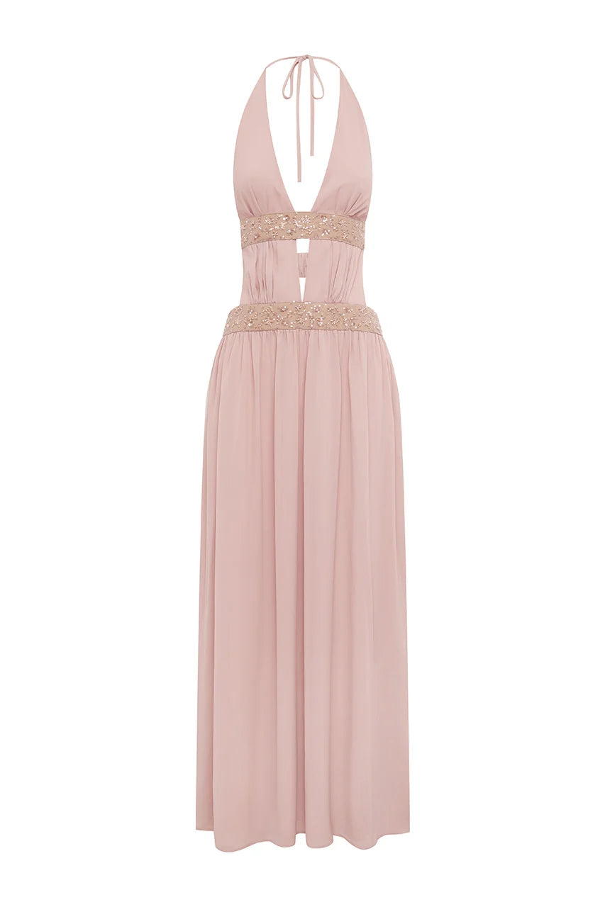 SAFINO HALTER LOW PLUNGE MAXI DRESS - BLUSH
