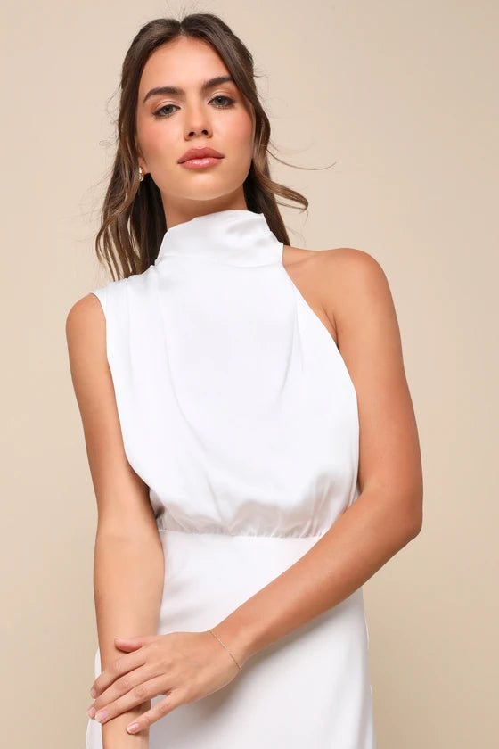 Distinctive Charm White Satin Asymmetrical Midi Dress