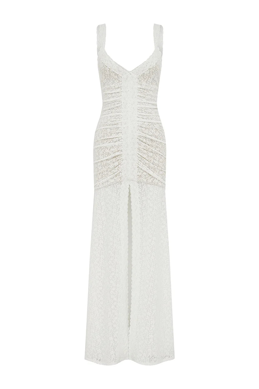 SILENE FRONT SPLIT LACE MAXI DRESS - WHITE
