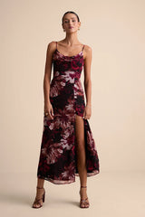 Flowery Passion Burgundy Floral Print Cowl Neck Midi Dress
