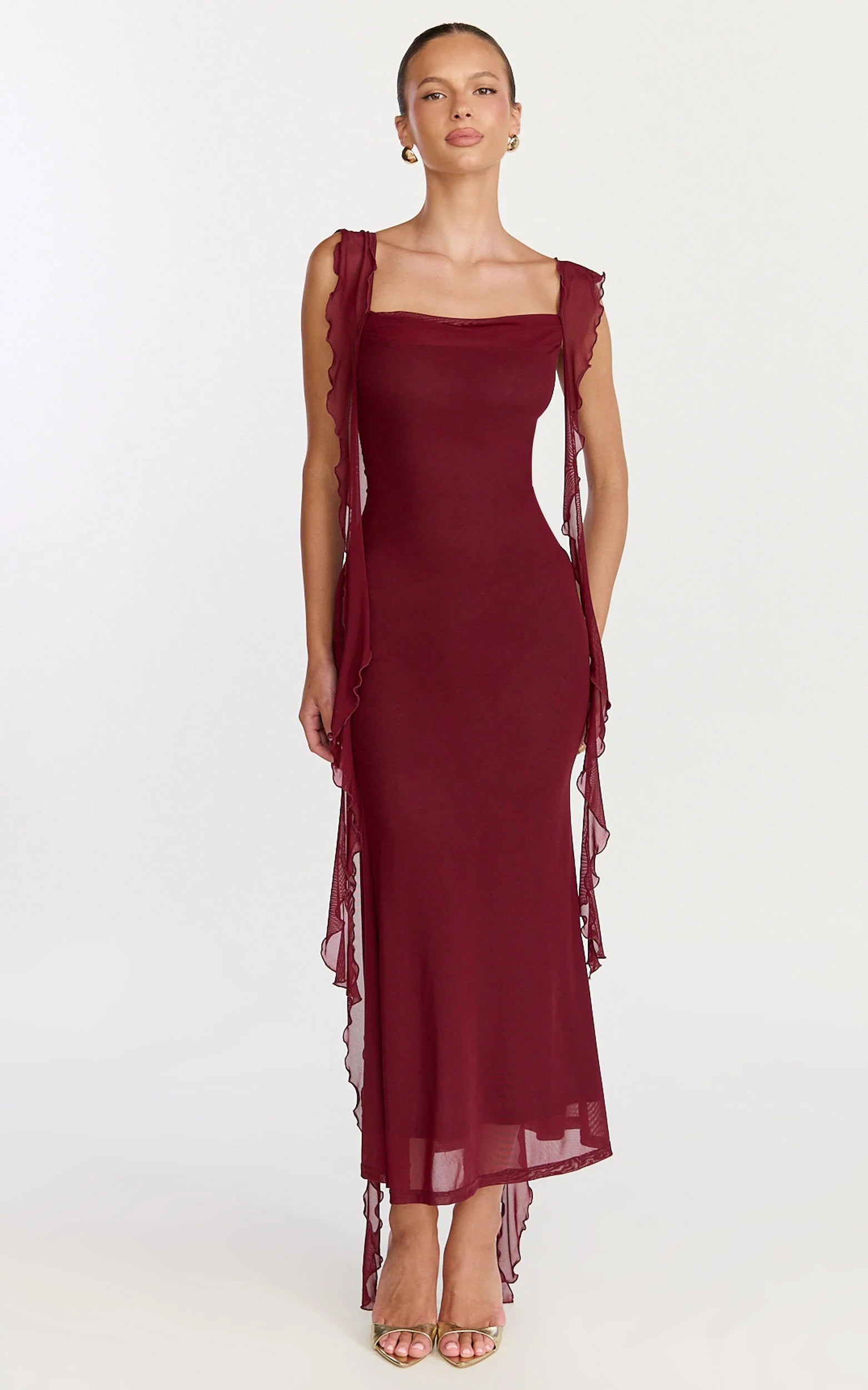 Ruffle Strap Dress in Wine