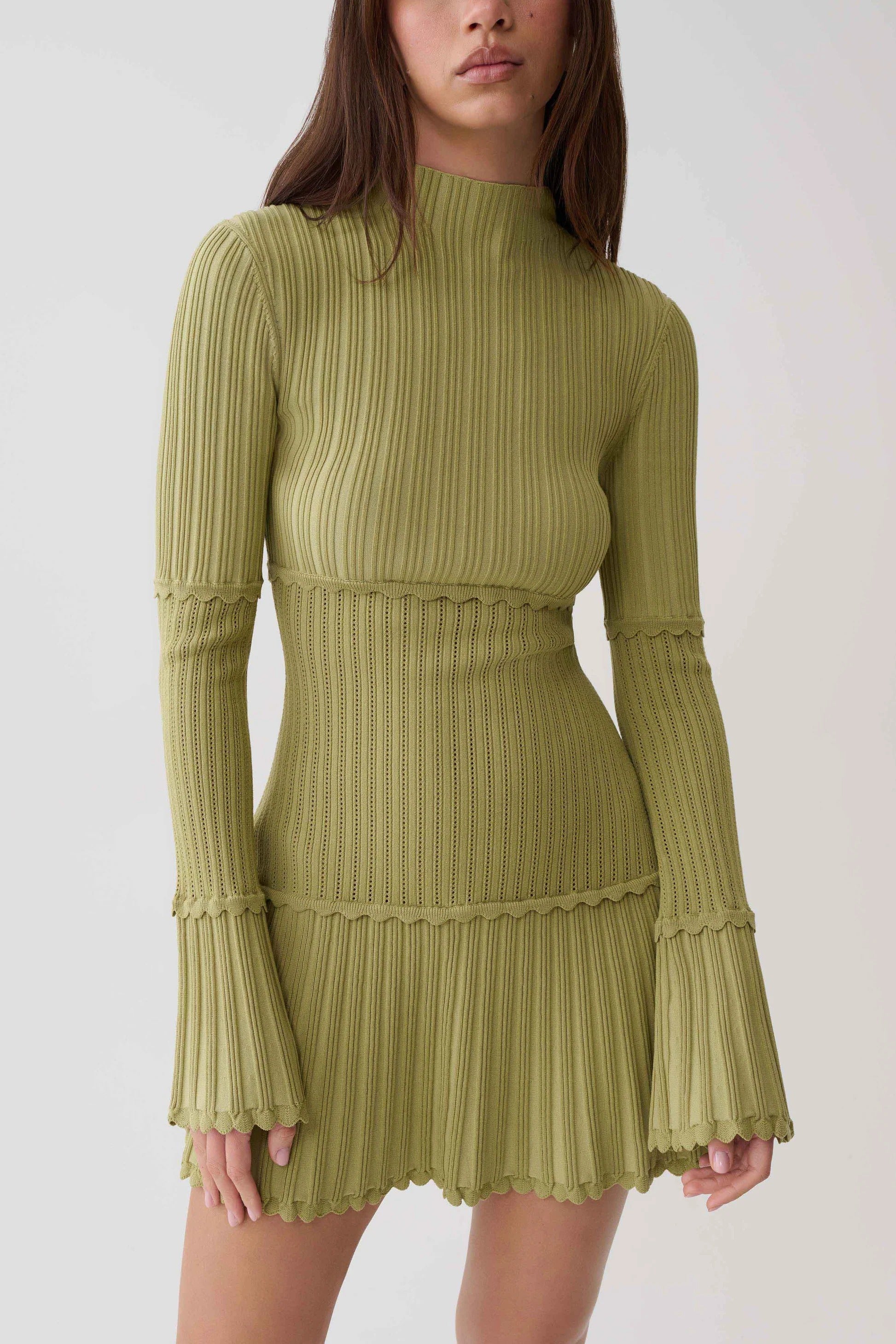 Pointelle Knit Mini Dress - Olive