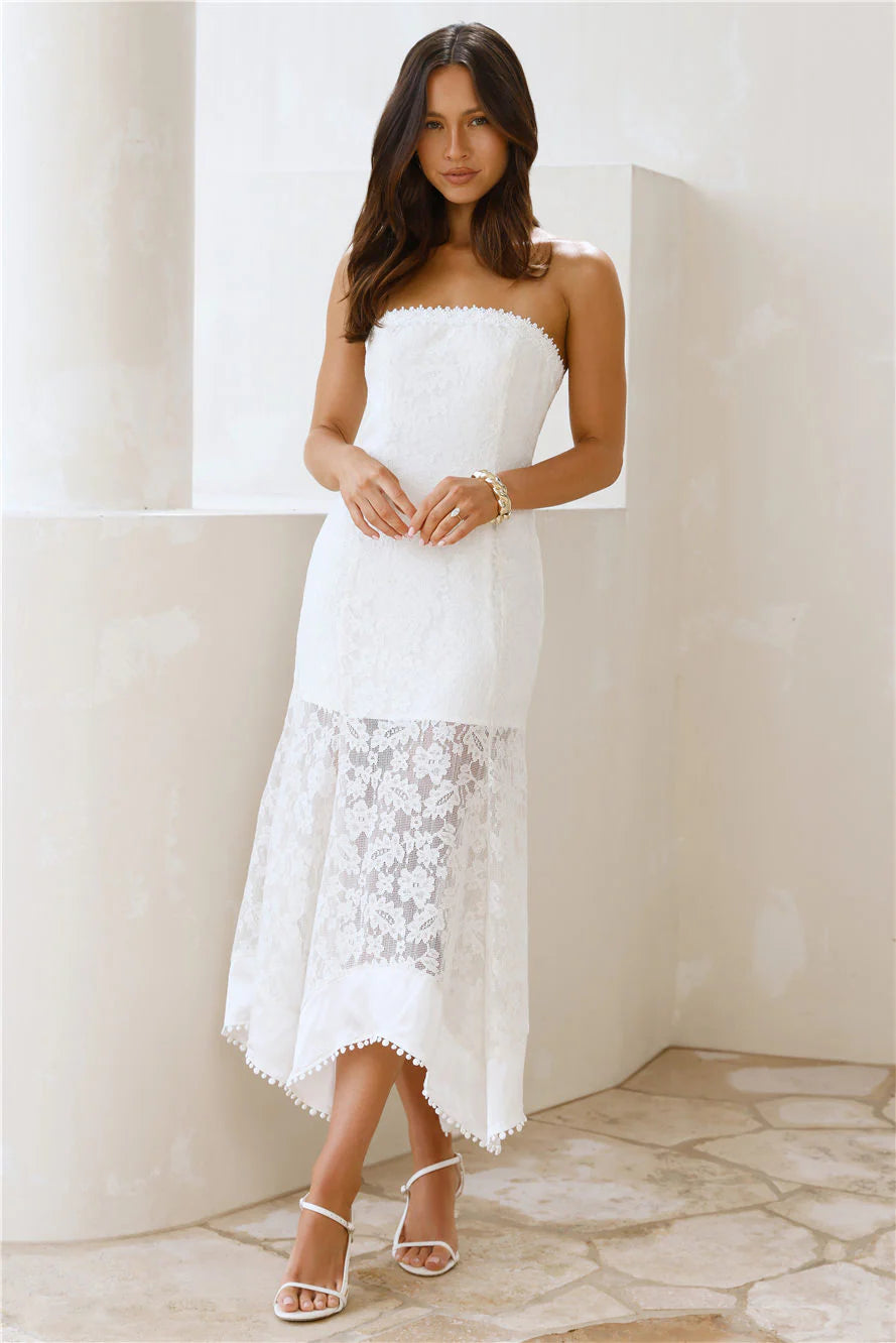 Luxe Petal Lace Strapless Maxi Dress White