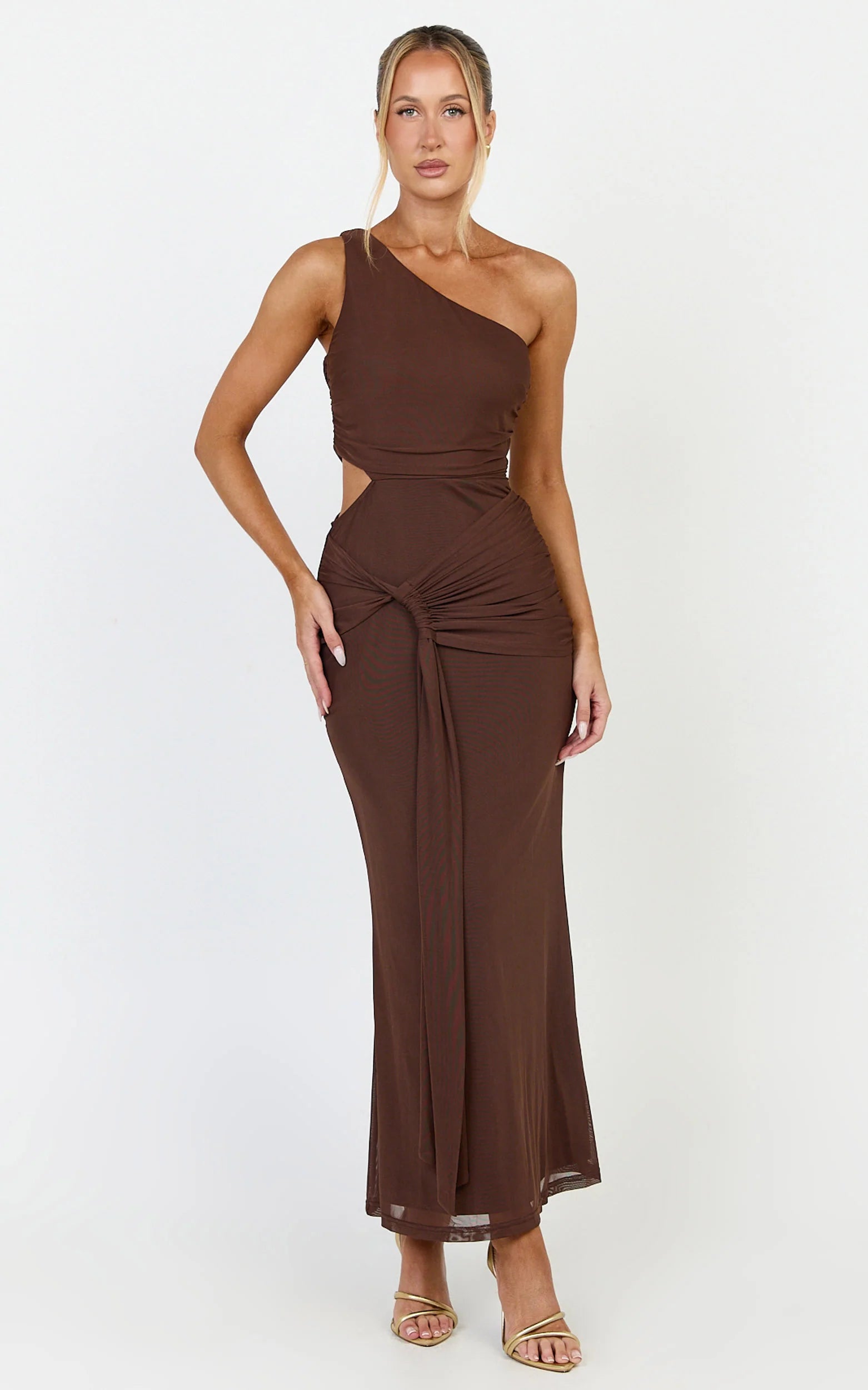 Knot Detail Cut Out Mesh Midi Dress in Chocolate