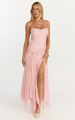 Idris Maxi Dress - Cowl Neck Draped Sash Godet Dress In Soft Pink