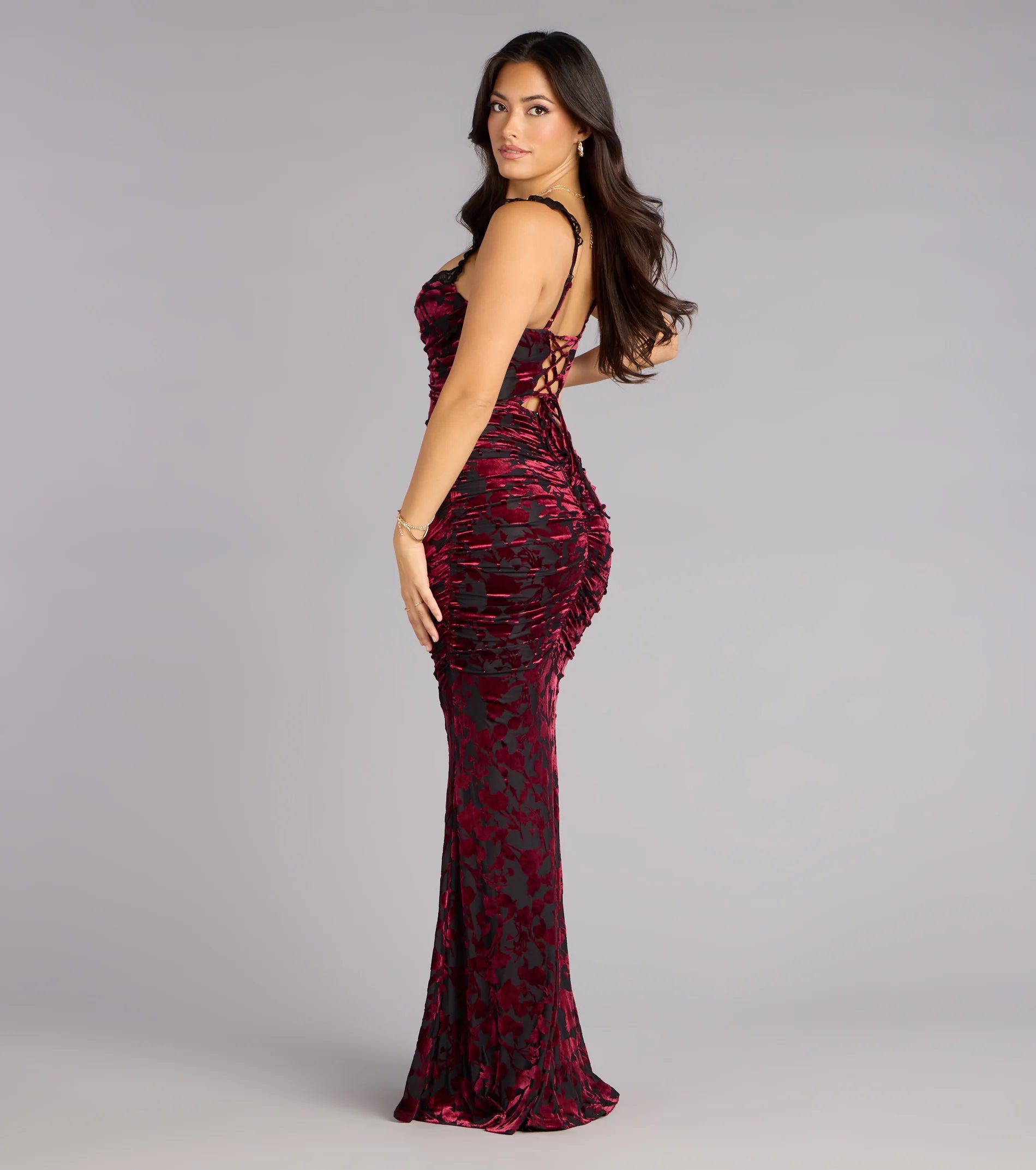 Clara Velvet Mesh Lace-Up Formal Dress