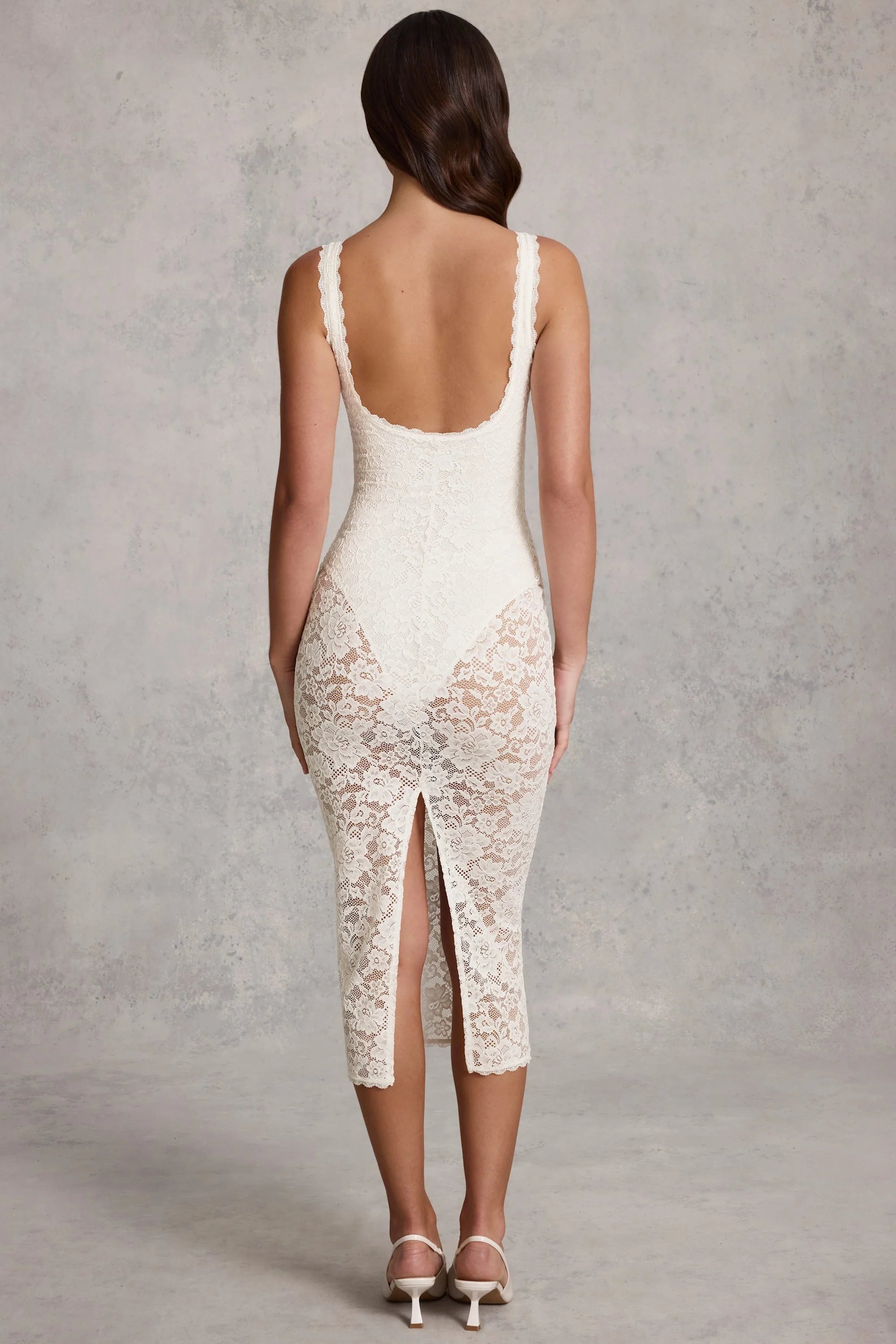 Sheer Lace Scalloped Plunge Bodysuit Midaxi Dress in White