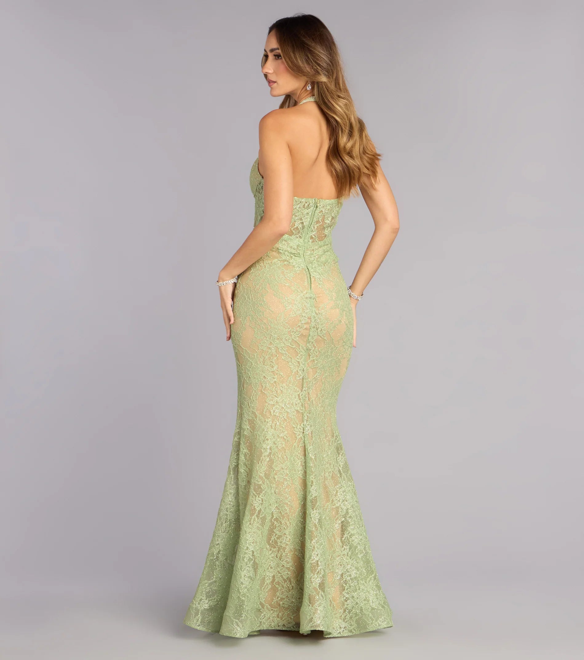 Cadie Halter Corset Slit Lace Formal Dress