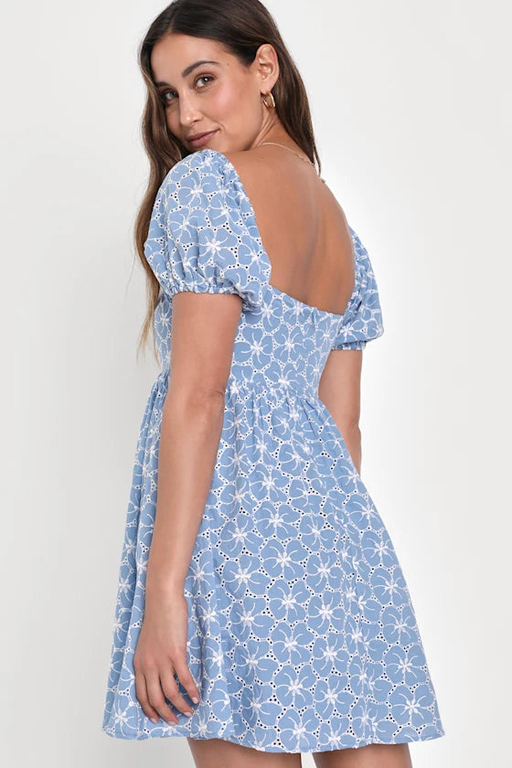 Fit to Frolic Blue Eyelet Lace Puff Sleeve Babydoll Dress