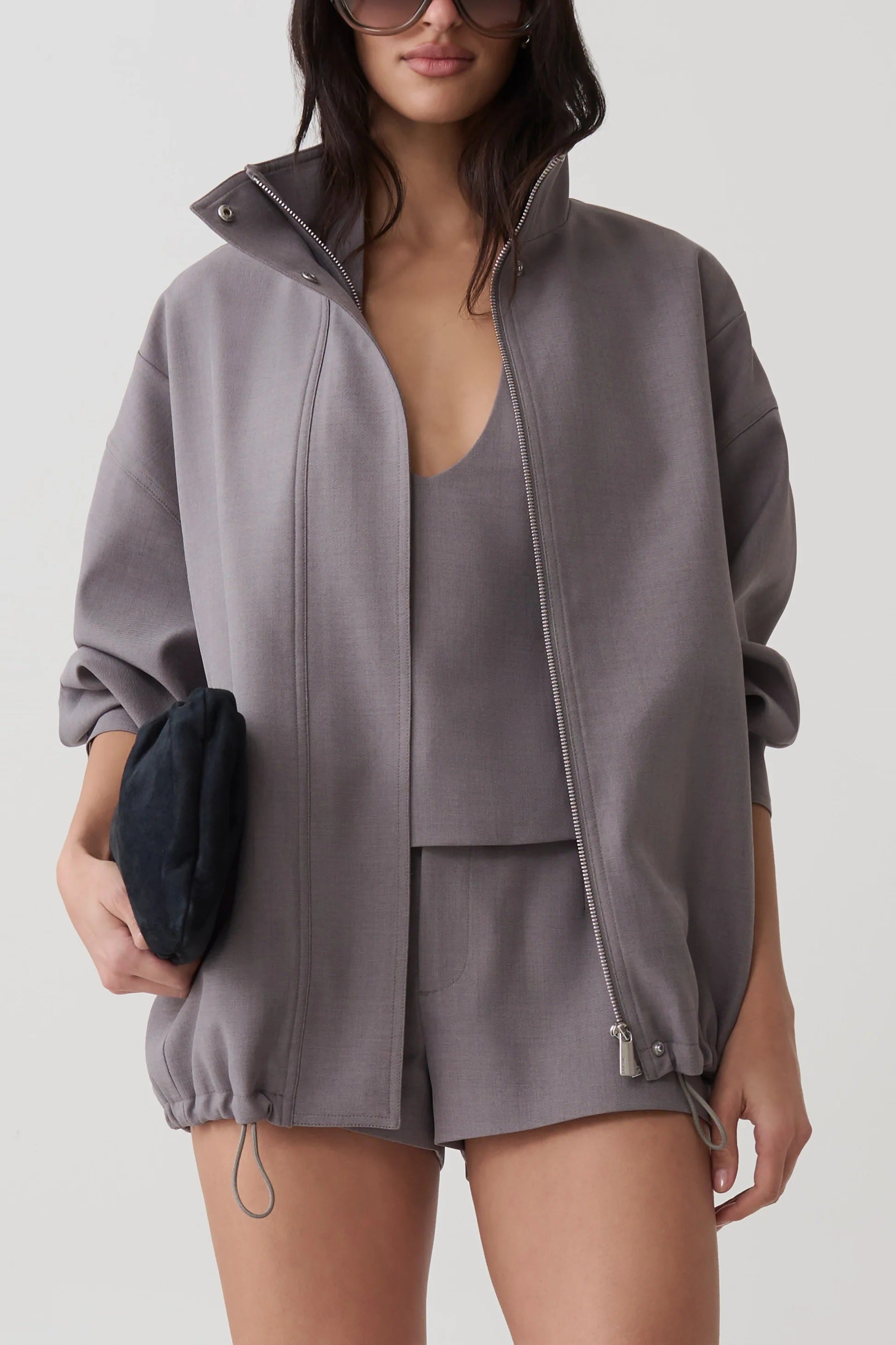 Funnel Neck Bomber Jacket - Light Grey Marle