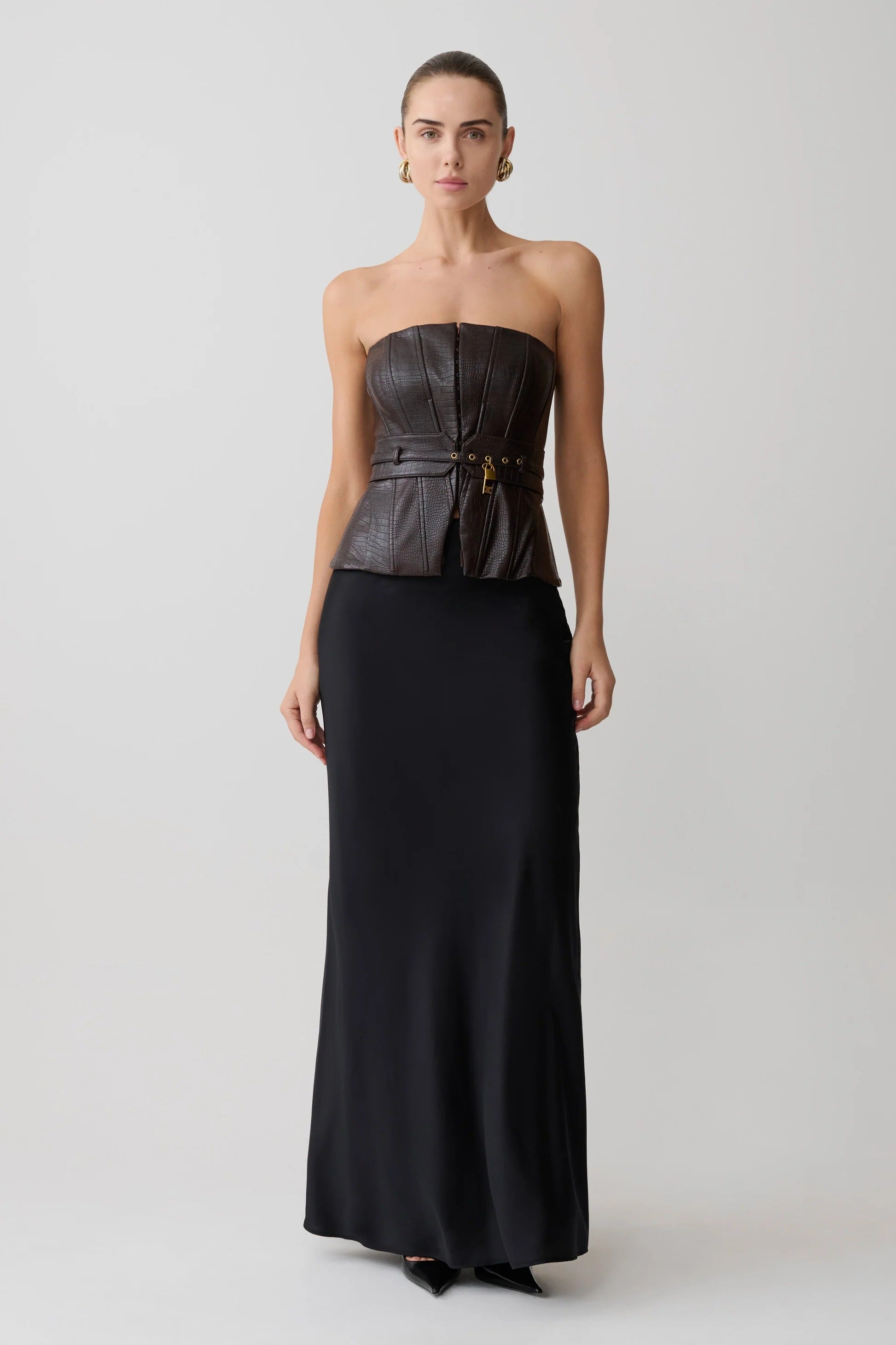 Faux Leather Boned Corset - Dark Chocolate