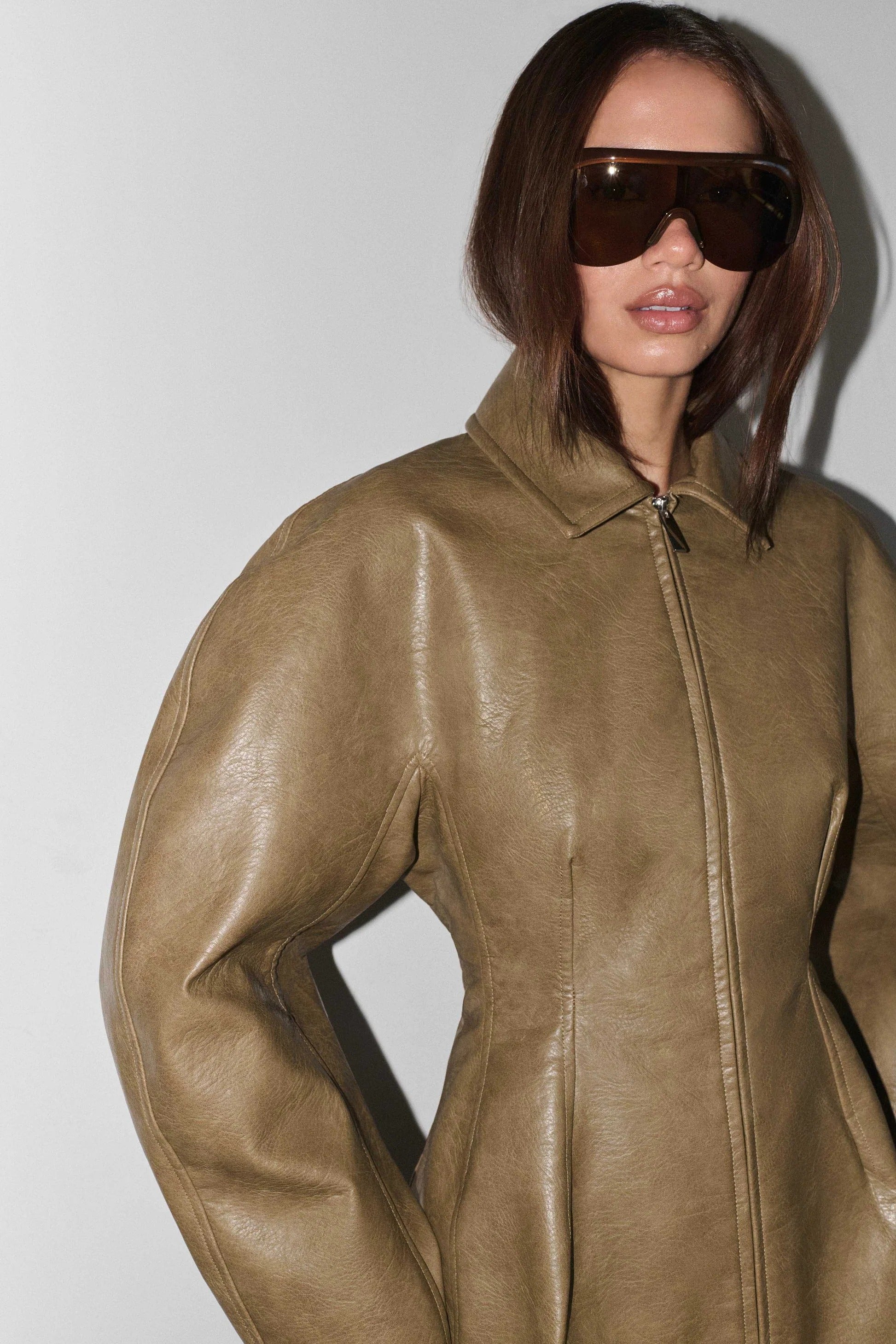 Faux Leather Mini Dress - Khaki