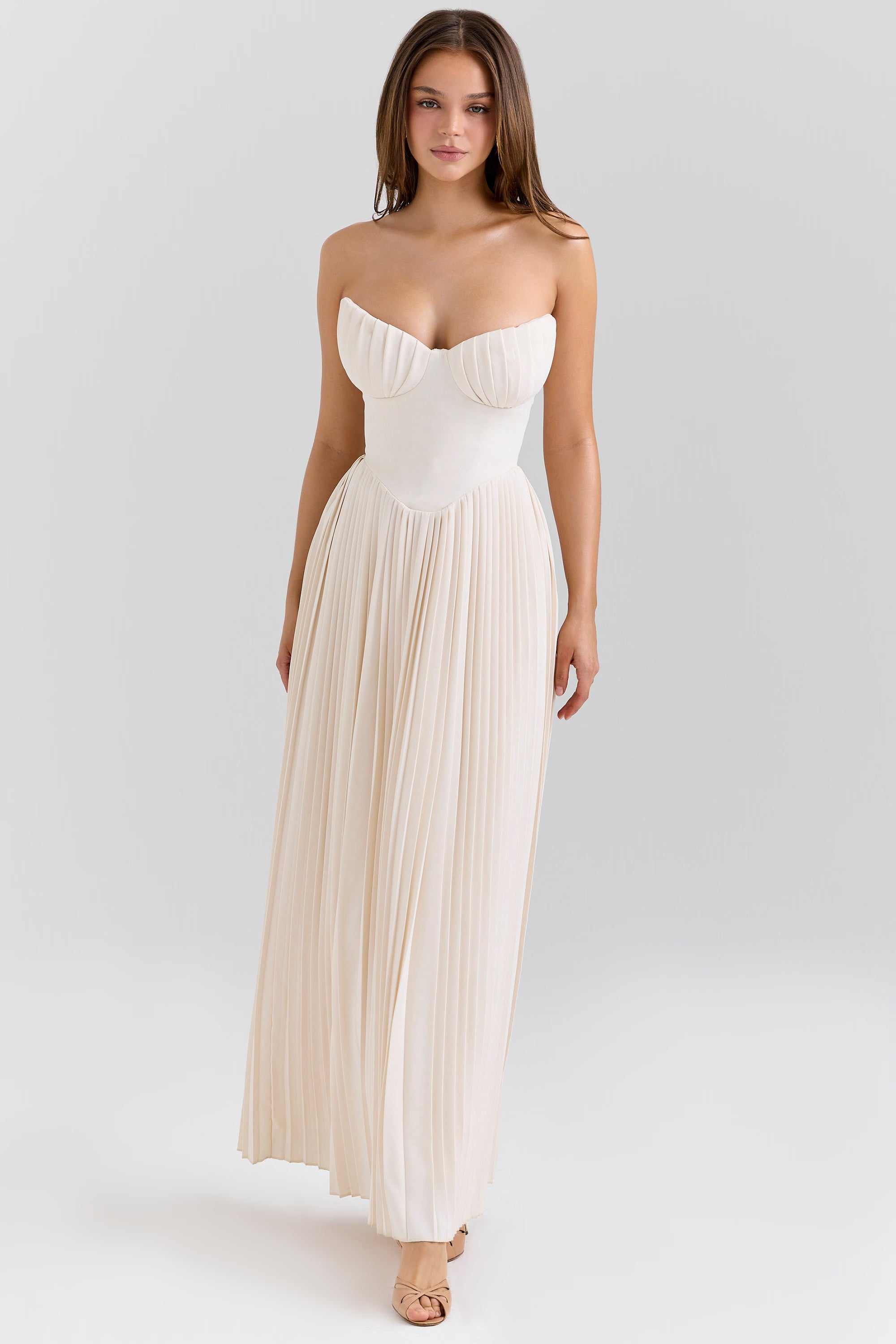 ivory georgette pleated maxi dress