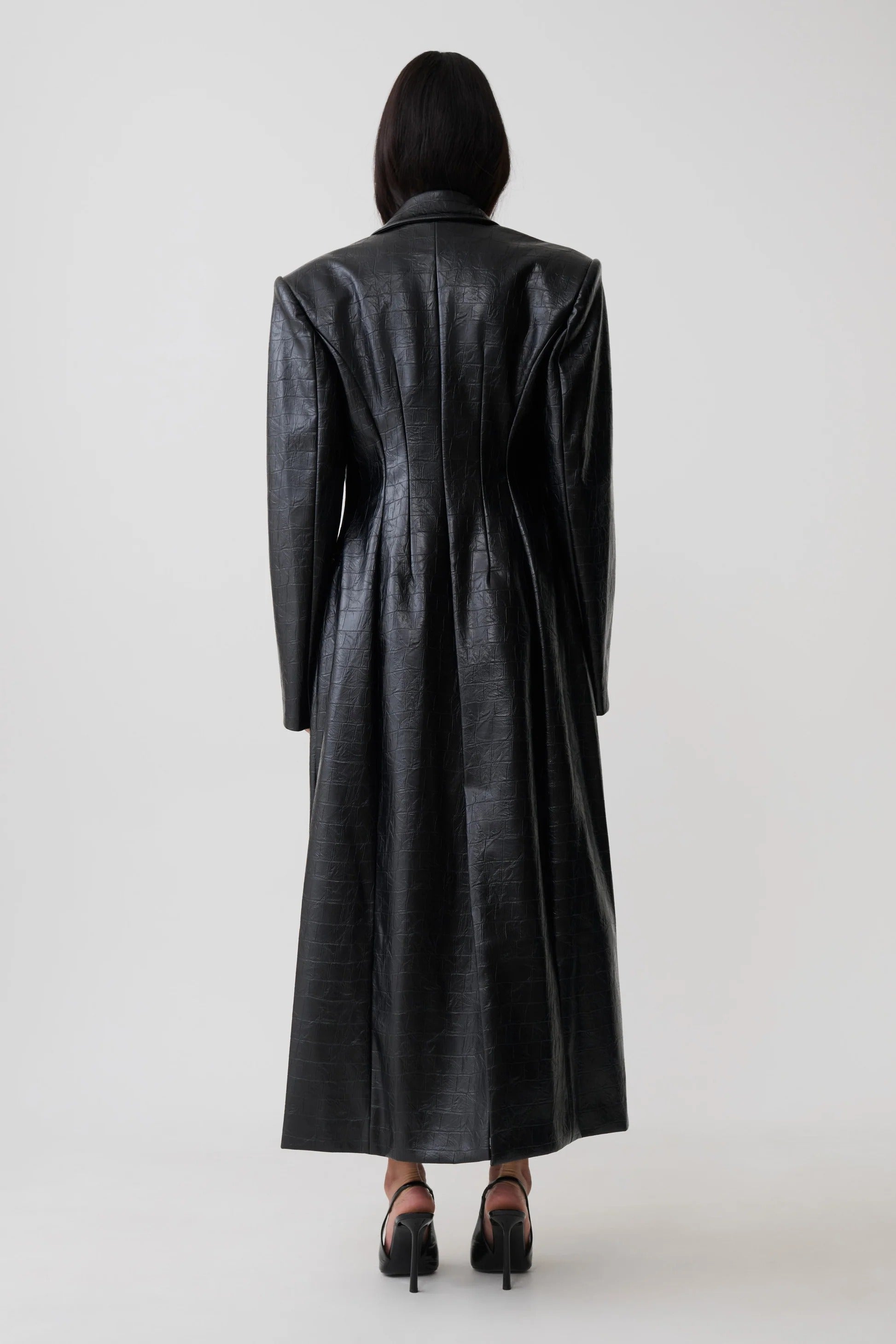 Croc Faux Leather Coat - Black