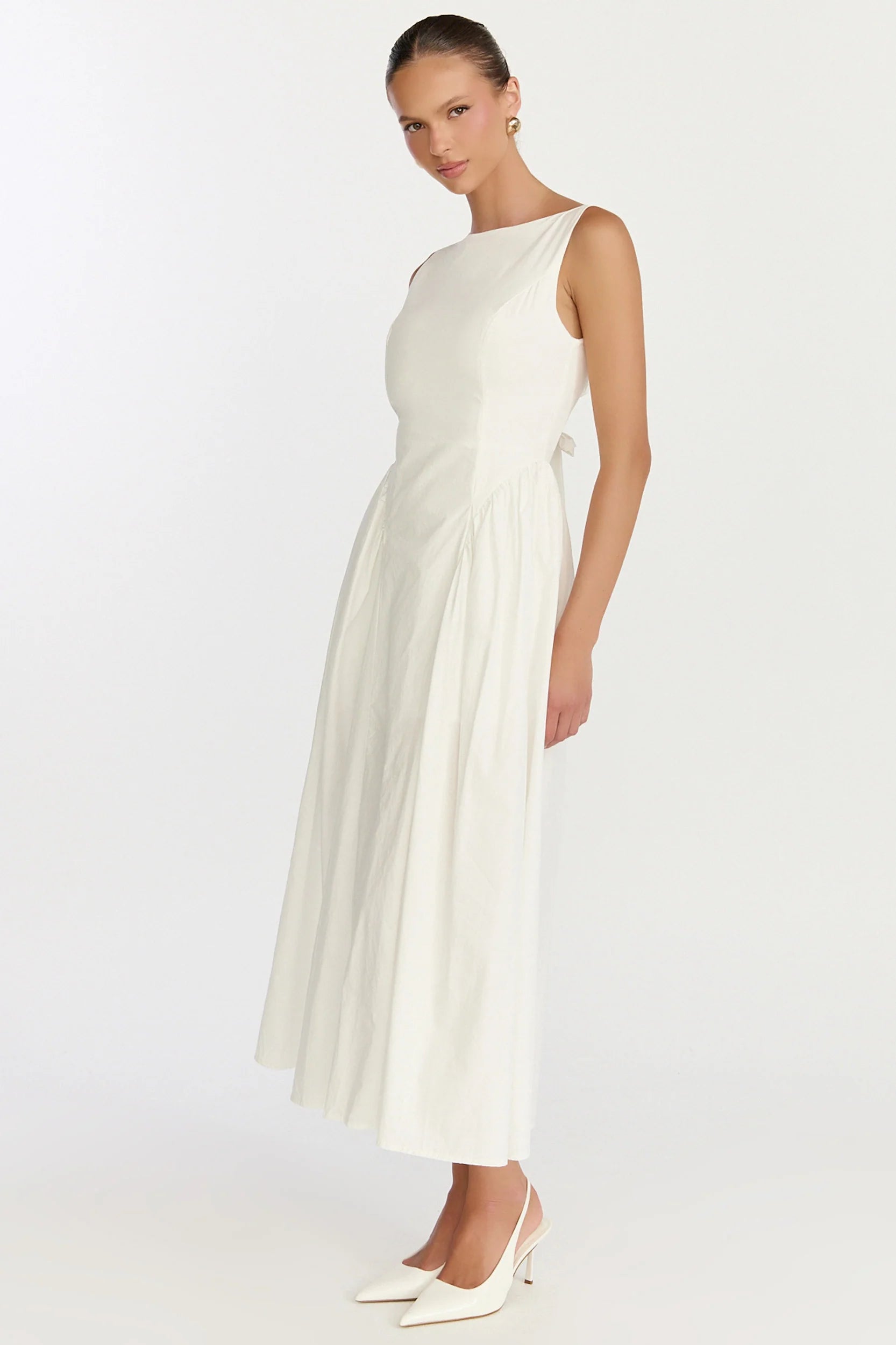 Boat Neck Tie Back Fit And Flare Dress in Off White