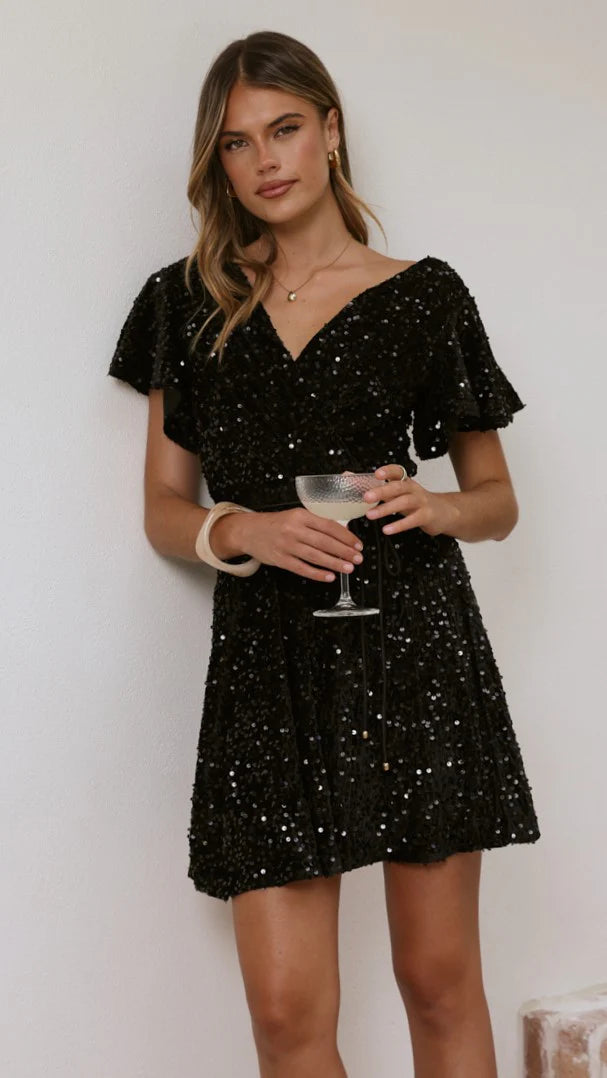 Zinnia Sequins Mini Dress - Black Sequins