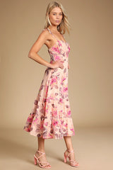 Tea Party Chic Pink Floral Print Tie-Strap Tiered Midi Dress