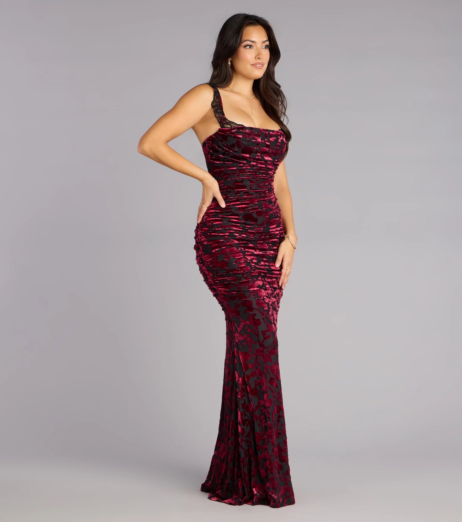 Clara Velvet Mesh Lace-Up Formal Dress