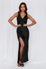 The Loretta Cowl Satin Maxi Dress Black