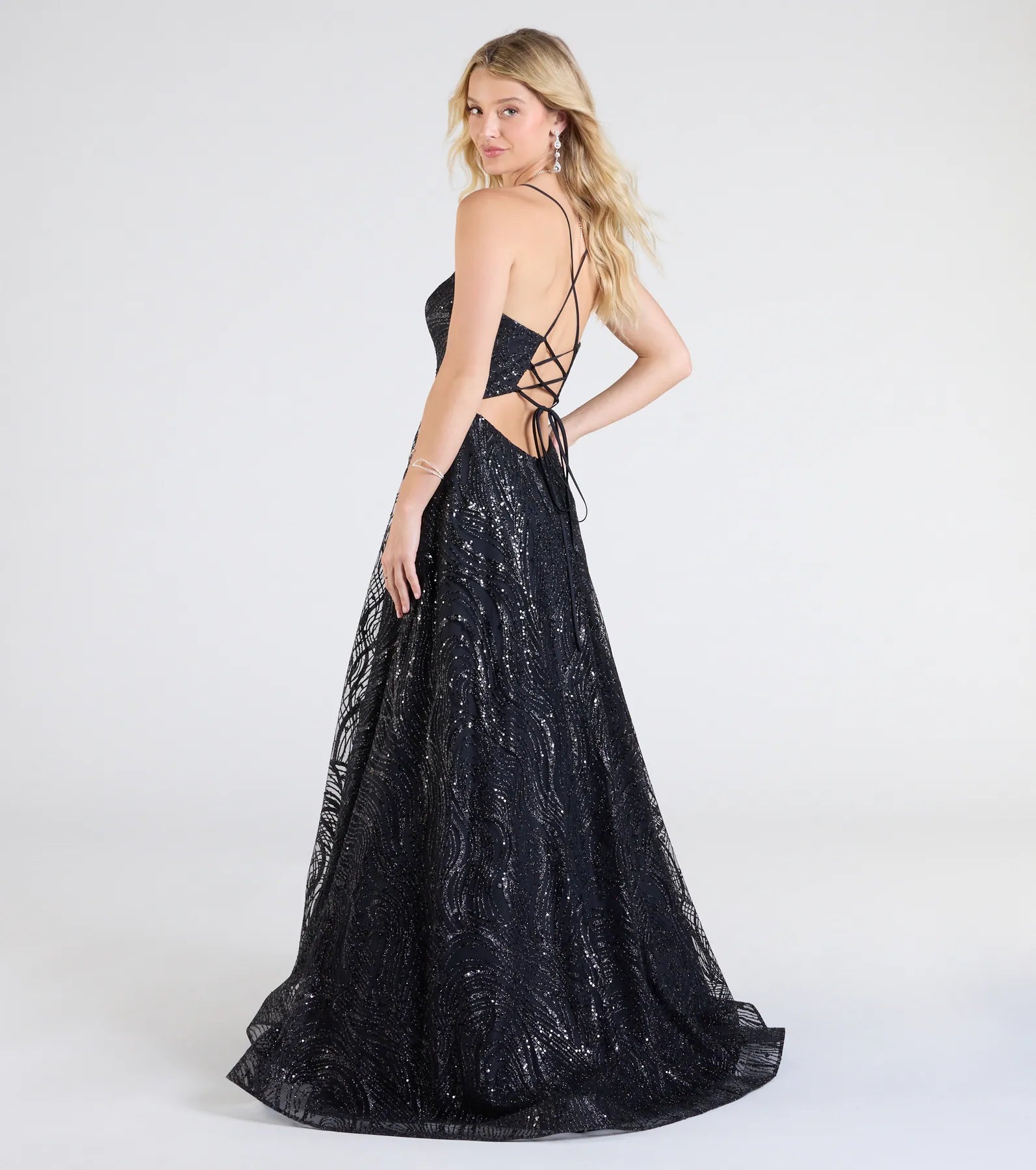 Klaire Lace-Up A-Line Glitter Sequin Formal Dress