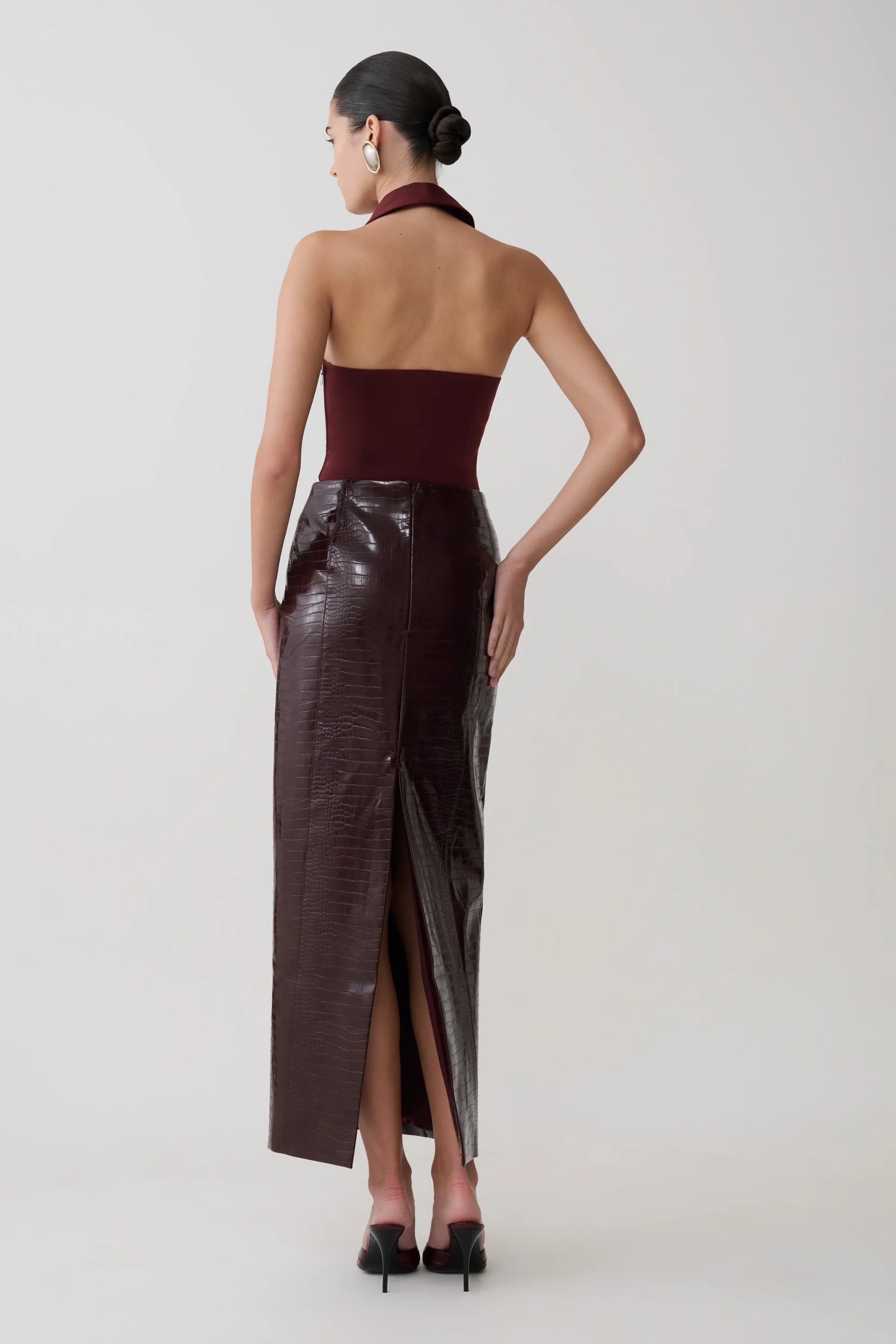 Croc Faux Leather Midi Skirt - Merlot