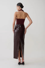 Croc Faux Leather Midi Skirt - Merlot