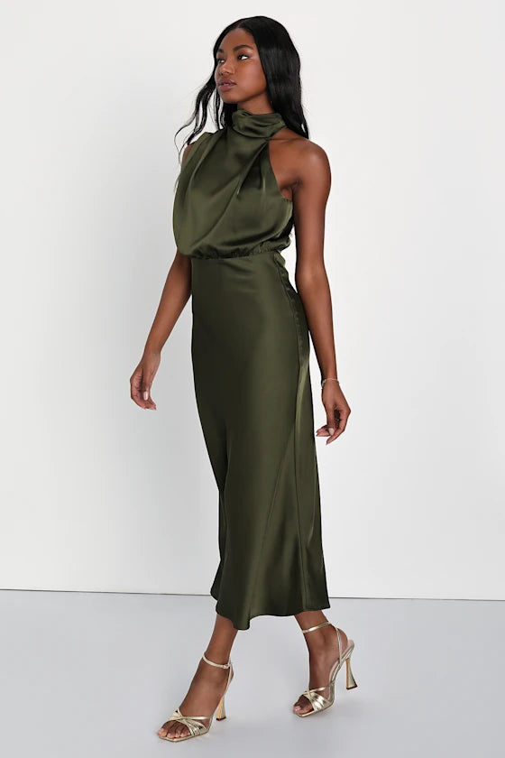 Distinctive Charm Olive Green Satin Asymmetrical Midi Dress