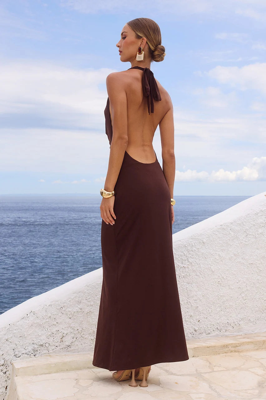 LOTUS HALTER COWL MAXI DRESS - BITTER CHOCOLATE