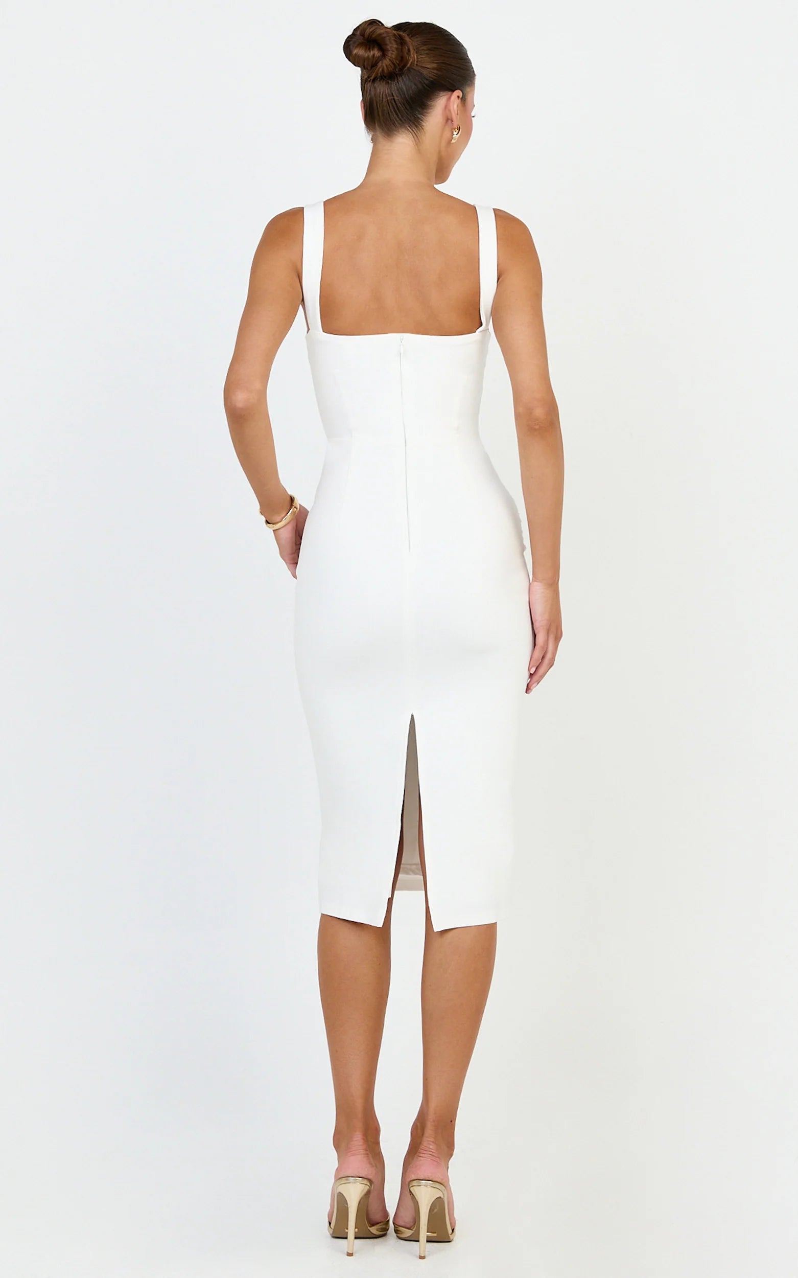 Square Neck Ruched Bodycon Dress in White