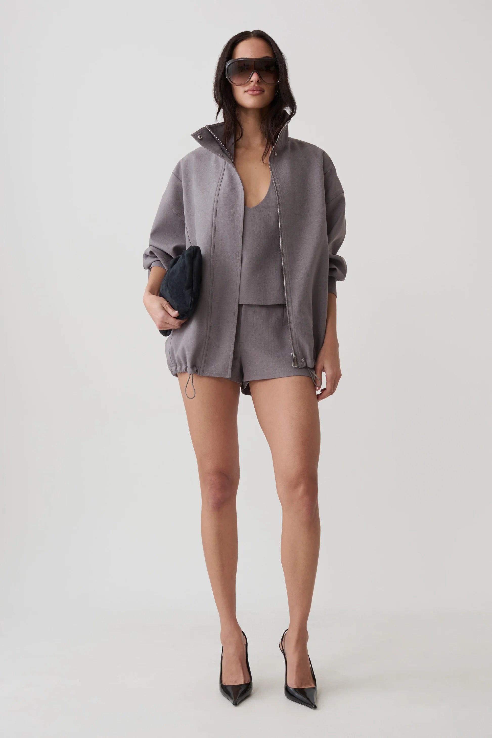 Funnel Neck Bomber Jacket - Light Grey Marle