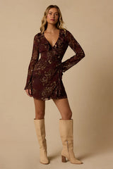 Cal Brown Floral Mini Wrap Dress