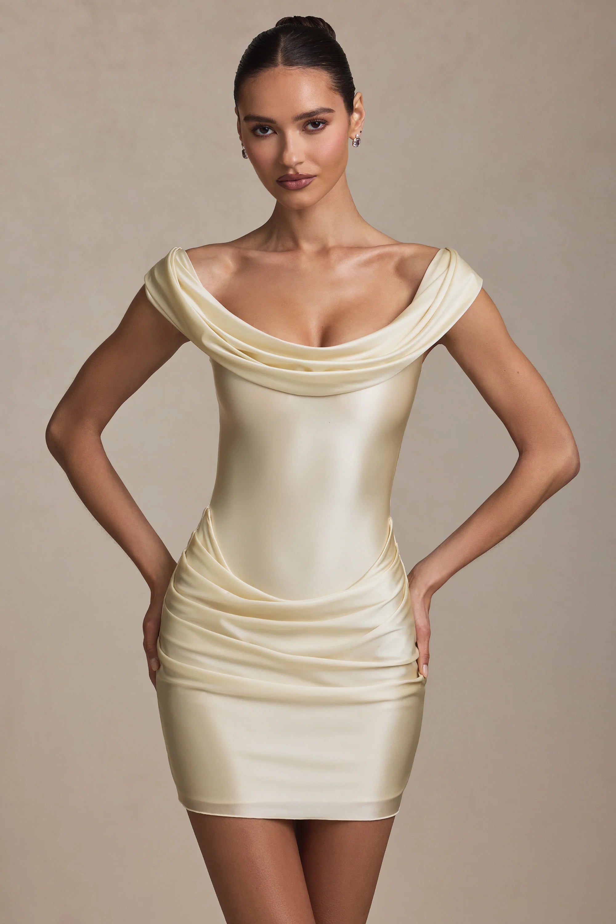 Off-Shoulder Draped Mini Dress in Ivory