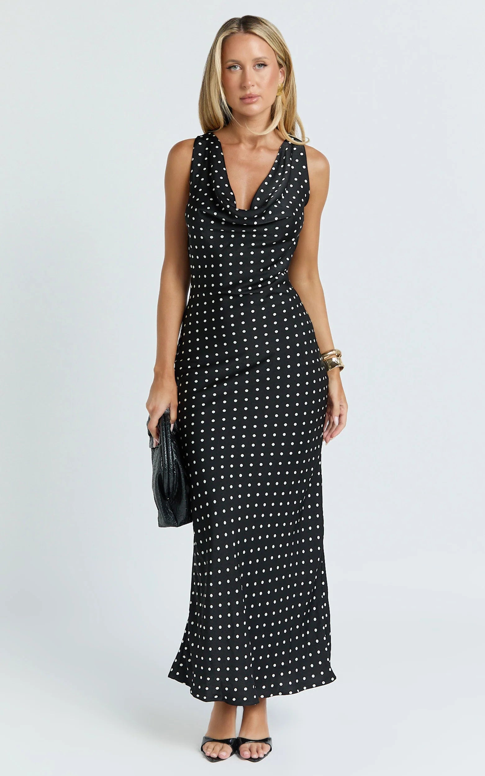 Cowl Neck Bias Cut Dress in Black Polka Dot