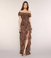 Lila Floral Print Off-The-Shoulder A-Line Dress