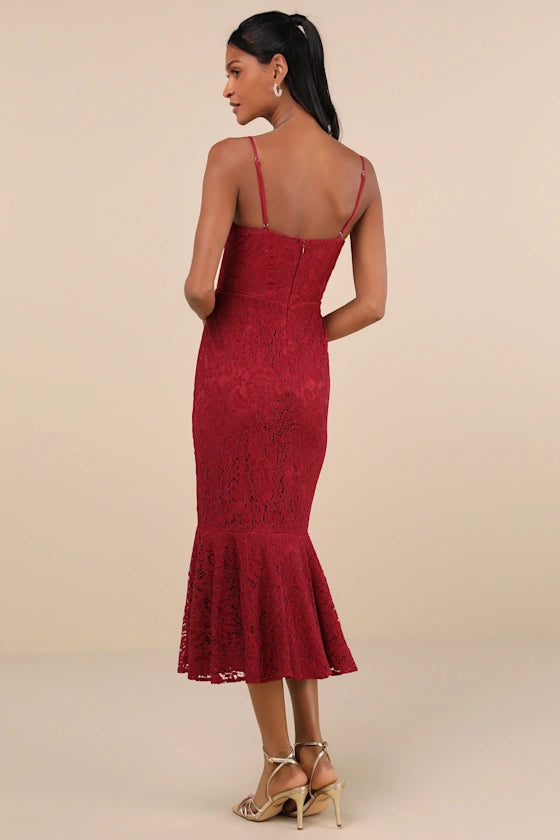 Found Your Love Wine Red Lace Sleeveless Trumpet Midi Dress