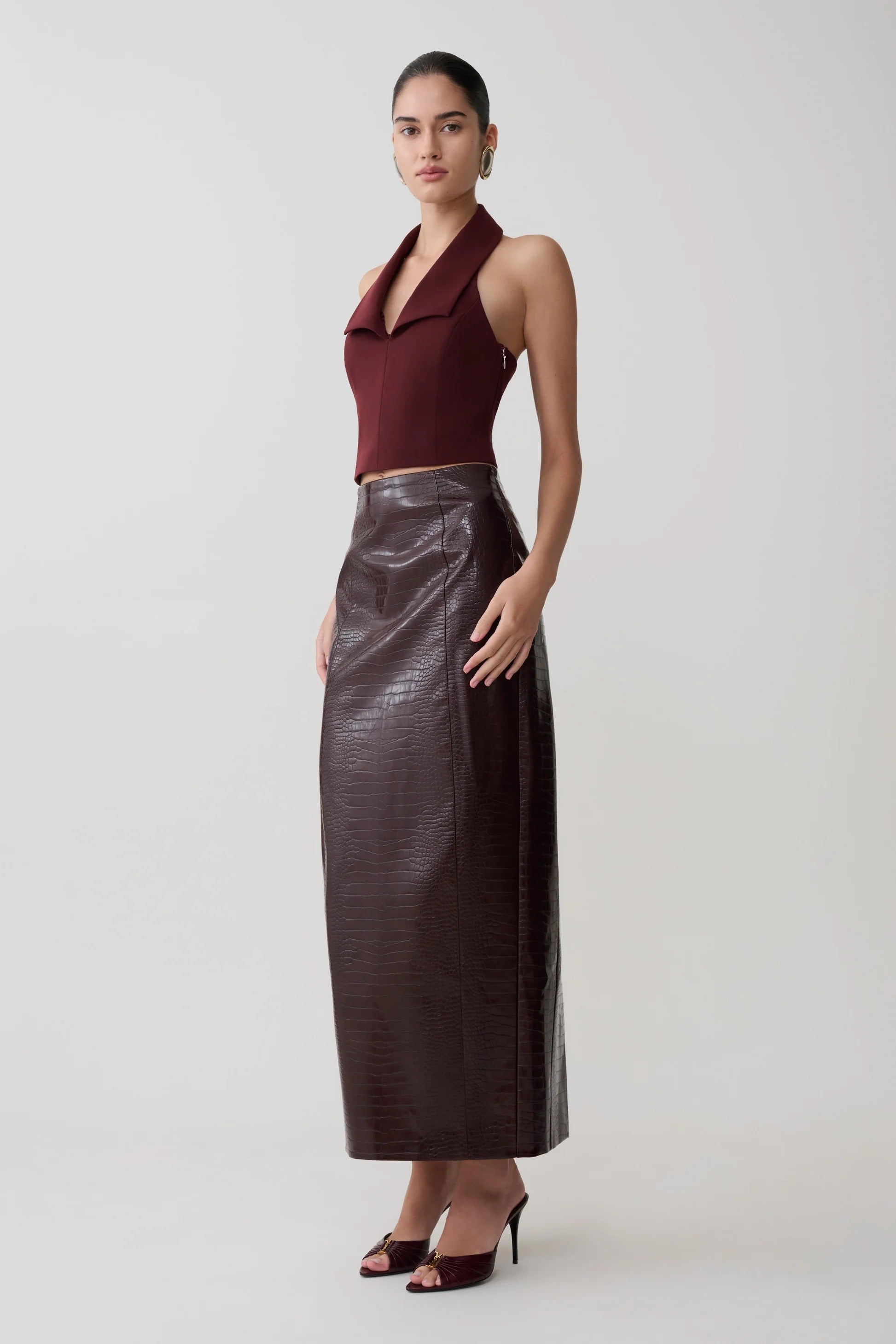 Croc Faux Leather Midi Skirt - Merlot