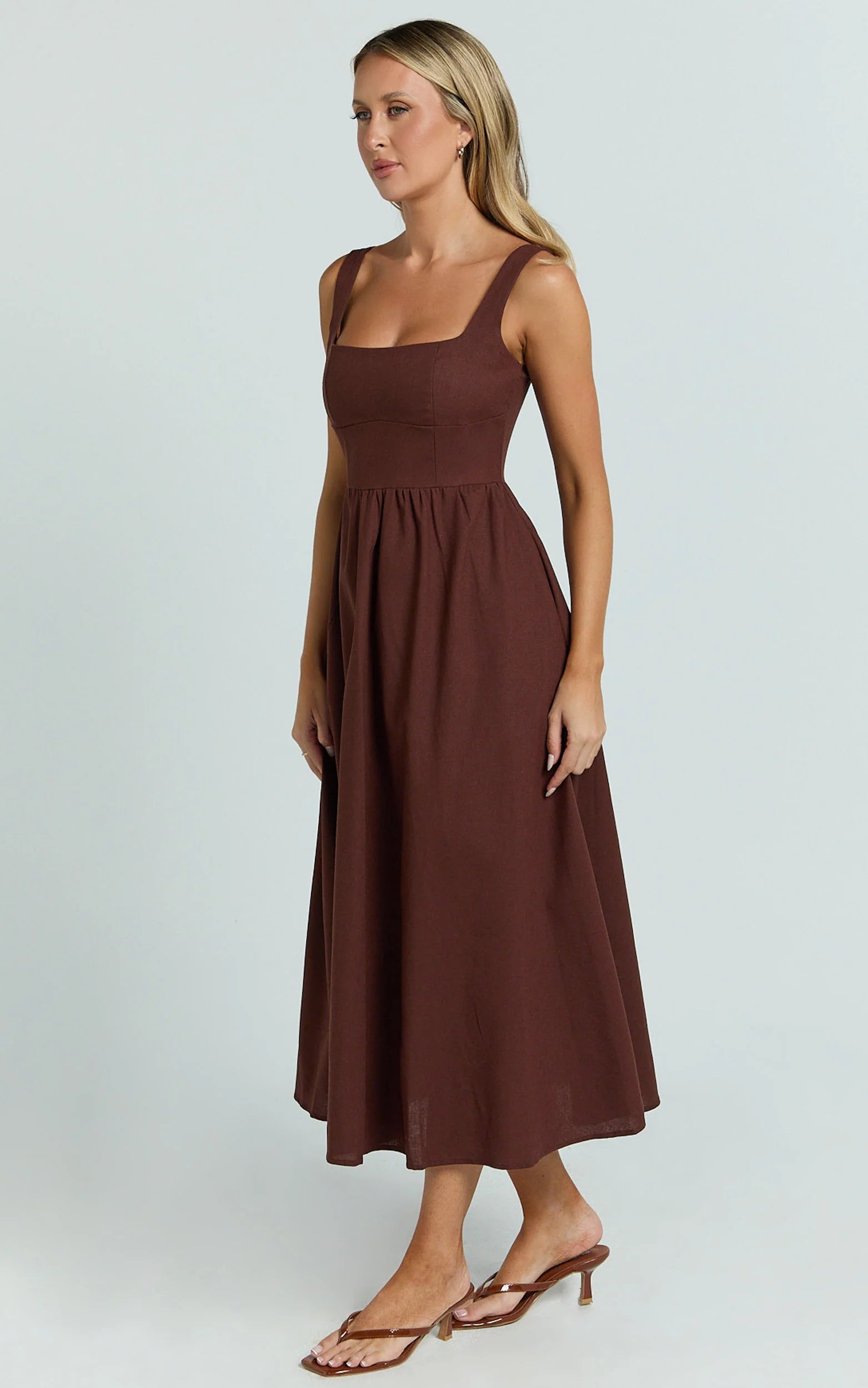 Linen Look Square A Line Dress in Chocolate