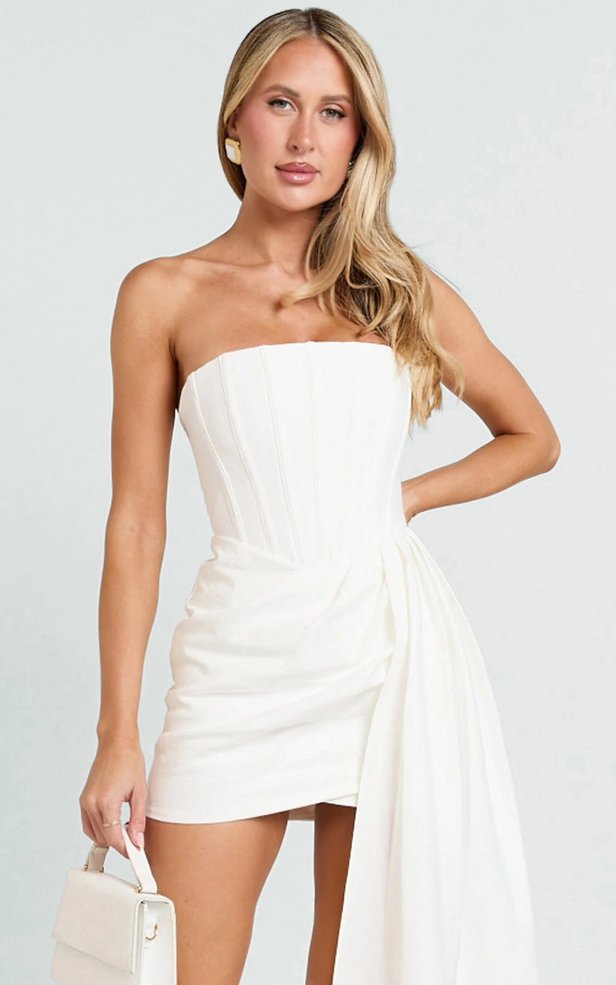 Strapless Corset Bodice Draped Waist Dress in White
