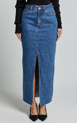 Kira Midi Skirt - Front Split Denim Skirt in Dark Blue Wash