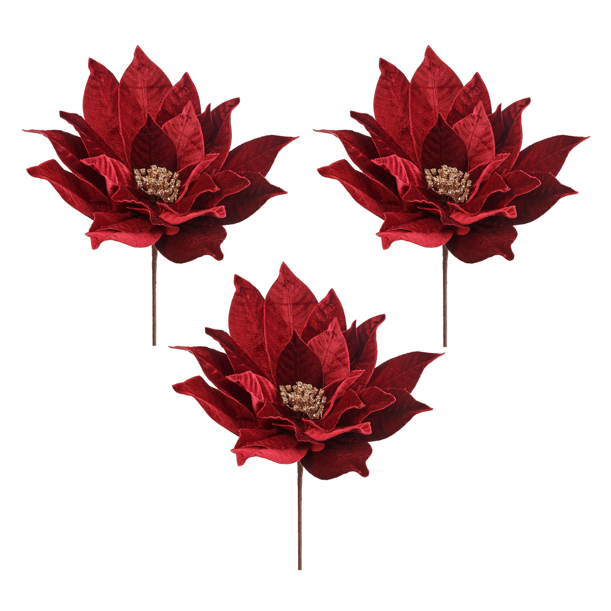 Burgundy Deluxe Velvet Poinsettia Stems 17” (Set of 3)