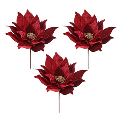 Burgundy Deluxe Velvet Poinsettia Stems 17” (Set of 3)