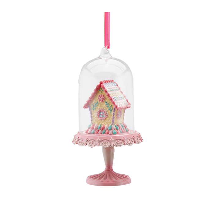 Iced Pink Gingerbread House Cloche Ornament 15cm