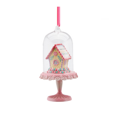 Iced Pink Gingerbread House Cloche Ornament 15cm