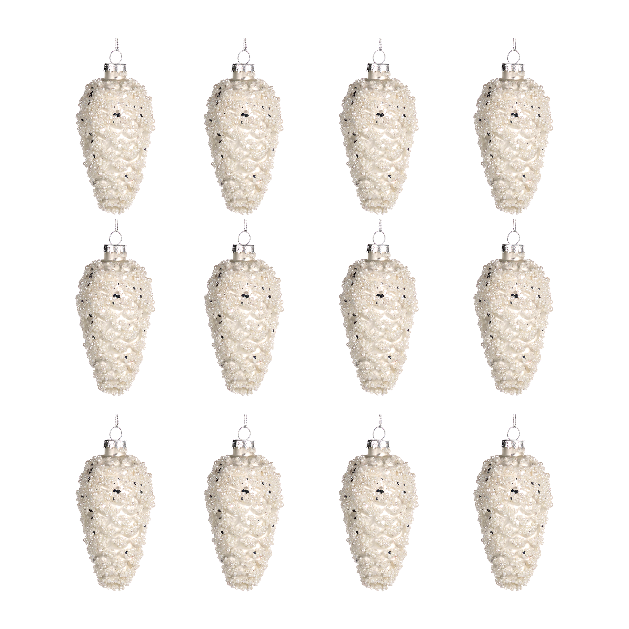 Glass Bead Snowy Pinecone Ornaments 11cm (Set of 12)