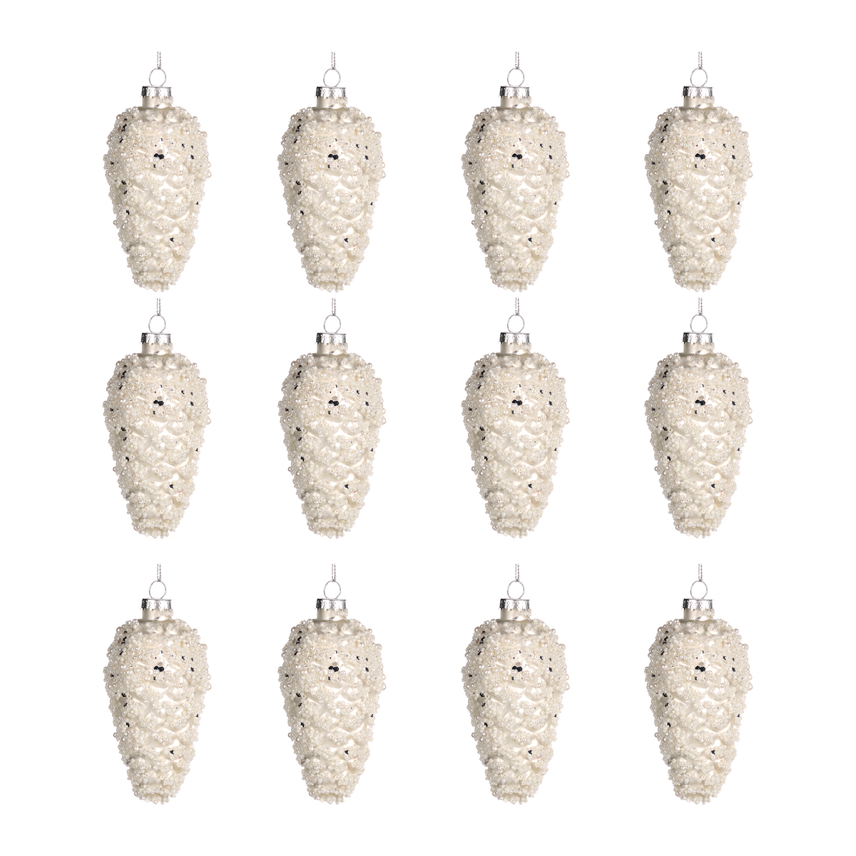 Glass Bead Snowy Pinecone Ornaments 11cm (Set of 12)