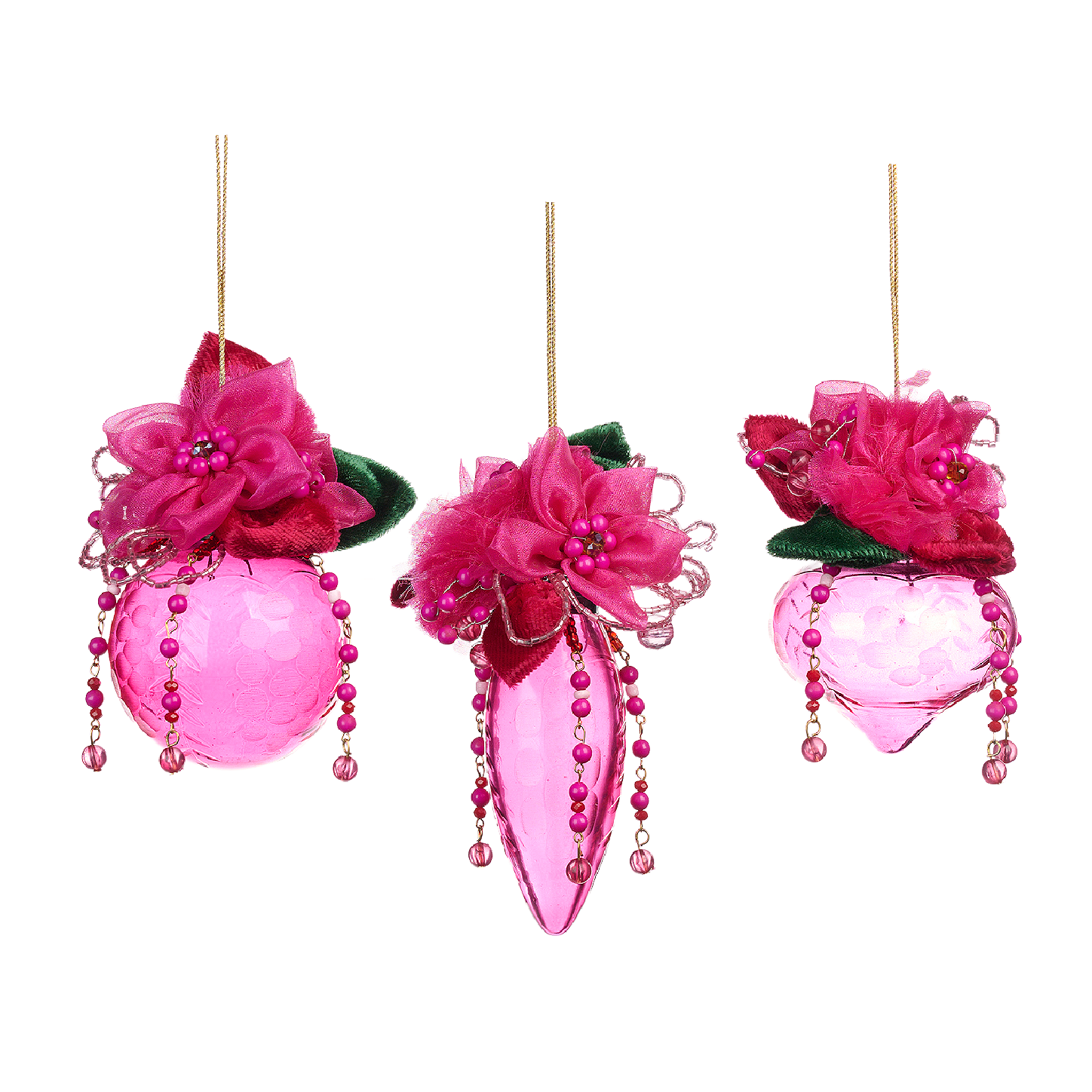 Pink Engraved Glass Flower Bauble Set 9cm (Set of 3)
