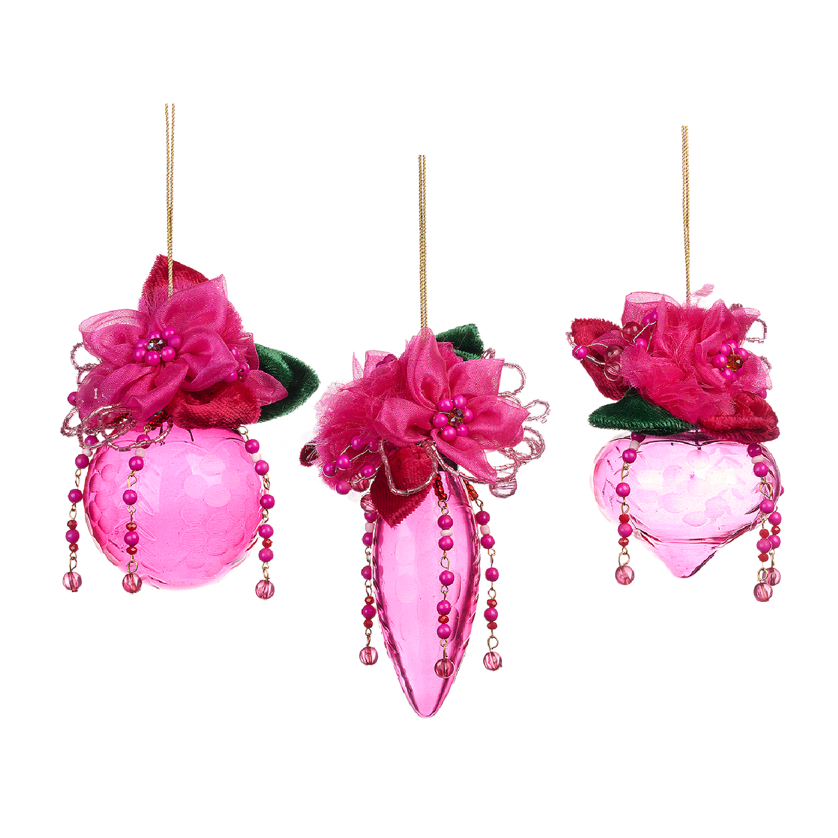 Pink Engraved Glass Flower Bauble Set 9cm (Set of 3)