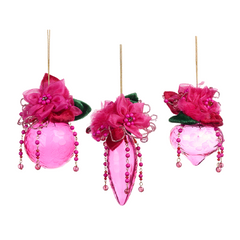 Pink Engraved Glass Flower Bauble Set 9cm (Set of 3)
