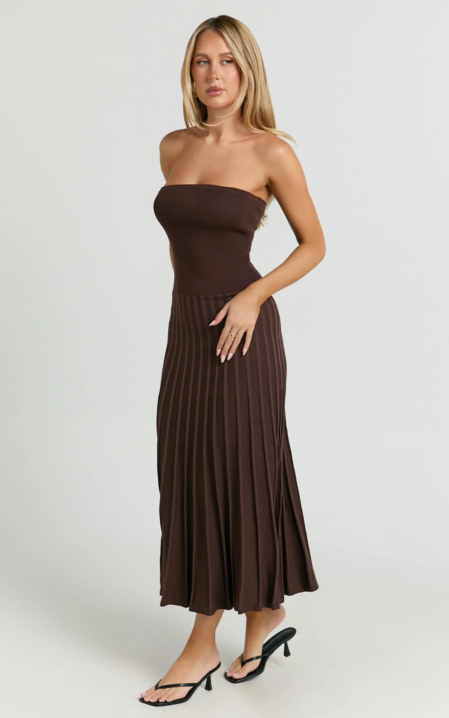 Strapless Drop Waist Pleated Knit Dress in Chocolate